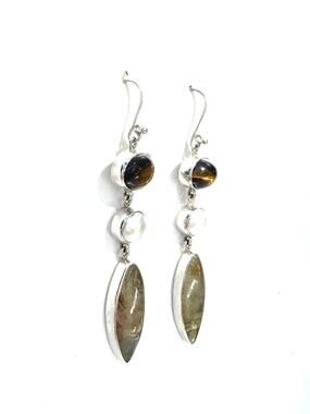 Tigers Eye Golden Rutile Quartz Pearl Sterling 925 Silver Earrings 3 1/8 inch